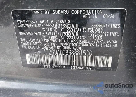 2024 Subaru Crosstrek Premium из США, поврежденный, VIN JF2GUADC8R8881530